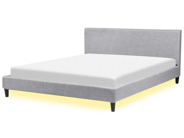 Dubbelsäng 180 x 200 cm Ljusgrå Tyg Lamellbas med Vit LED Belysning Modern