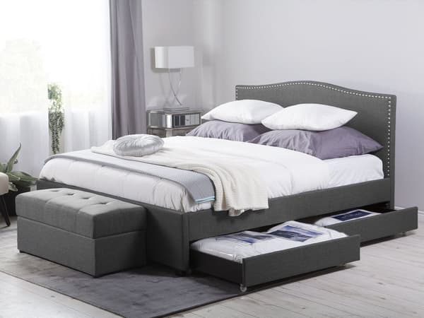 Dubbelsäng Grå Polyester Klädd Sängram Förvaring LED Belysning 160 x 200 cm Traditionell Design