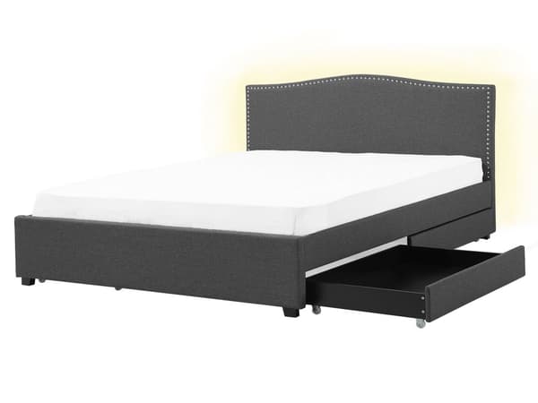 Dubbelsäng Grå Polyester Klädd Sängram Förvaring LED Belysning 160 x 200 cm Traditionell Design