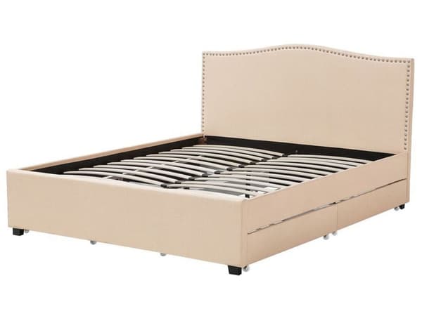 Dubbelsäng Beige Polyester Klädd Sängram Förvaring 180 x 200 cm Traditionell Design