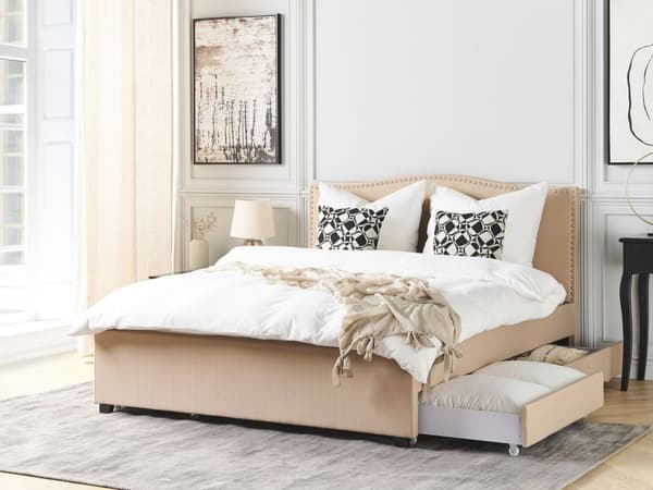 Dubbelsäng Beige Polyester Klädd Sängram Förvaring 180 x 200 cm Traditionell Design