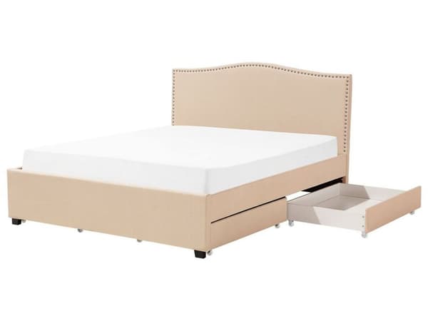 Dubbelsäng Beige Polyester Klädd Sängram Förvaring 180 x 200 cm Traditionell Design