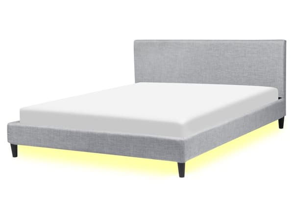 Dubbelsäng 160 x 200 cm Ljusgrå Tyg Lamellbas med Vit LED Belysning Modern