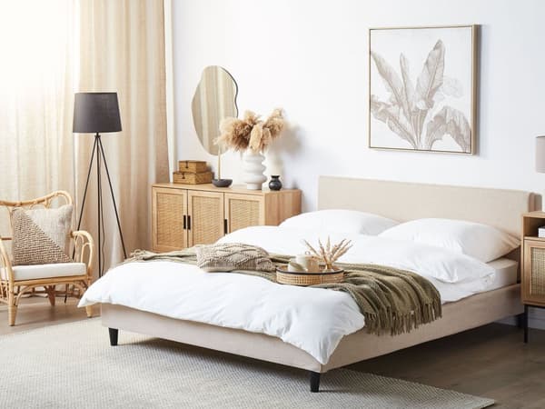 Parisänky beige 160 x 200 cm kangasverhoilu sälepohja irrotettava päällinen minimalistinen
