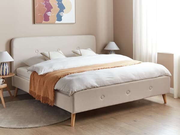 Parisänky vaalea beige 220 x 192 x 112 cm kangasverhoilu poppelipuu sälepohja napitettu