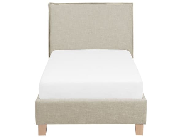 Säng Beige Tyg Träben 90 x 200 cm Sängram Lamellbotten med Huvudgavel Minimalistisk Skandinavisk