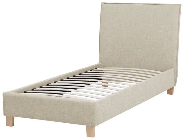 Säng Beige Tyg Träben 90 x 200 cm Sängram Lamellbotten med Huvudgavel Minimalistisk Skandinavisk