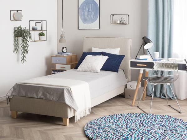 Säng Beige Tyg Träben 90 x 200 cm Sängram Lamellbotten med Huvudgavel Minimalistisk Skandinavisk