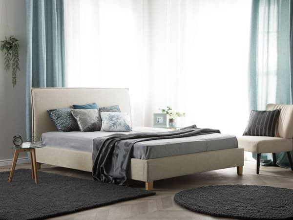 Dubbelsäng Beige Tyg Träben 140 x 200 cm Sängram Lamellbotten med Huvudgavel Minimalistisk Skandinavisk