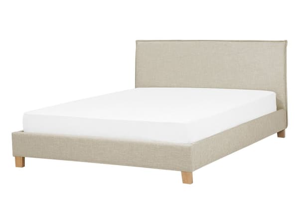 Dubbelsäng Beige Tyg Träben 140 x 200 cm Sängram Lamellbotten med Huvudgavel Minimalistisk Skandinavisk