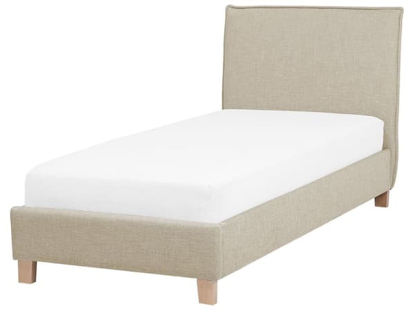 En beige polstret enkeltseng 90 x 200 cm med ramme og sengegavl skandinavisk stil