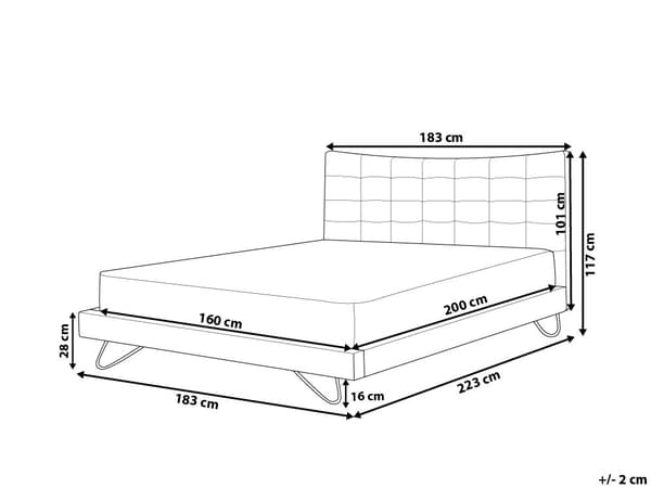 Velour seng Grå Stof med Sort Metalben 160 x 200 cm Polstret Dobbeltseng Quiltet Sengegavl Moderne Slim Look Soveværelse Sengestol Tilbehør