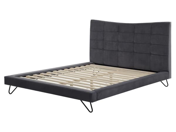 Velour seng Grå Stof med Sort Metalben 160 x 200 cm Polstret Dobbeltseng Quiltet Sengegavl Moderne Slim Look Soveværelse Sengestol Tilbehør