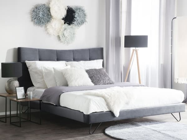 Velour seng Grå Stof med Sort Metalben 160 x 200 cm Polstret Dobbeltseng Quiltet Sengegavl Moderne Slim Look Soveværelse Sengestol Tilbehør