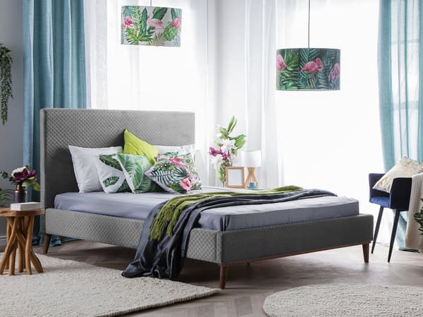 Lysegrå Velourseng med Ramme 180 x 200 cm med Sengegavl i Retro Stil