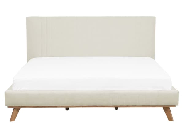 Beige seng med stel betrukket med velour træben 160 x 200 cm moderne look