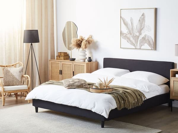 Seng Sort Mørkt Træ Polyester Fyrretræ 160x200 cm Moderne Skandinavisk Design Senge Polstret Dobbeltseng Stofbetræk Soveværelse Gæsteværelse