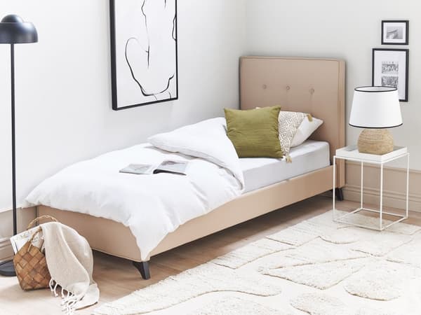 Beige Polstret Seng 90 x 200 cm med en Ramme og en Sengegavl med Dekorative Knapper