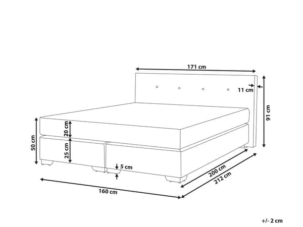 Kontinentalseng Grå Polstret med Sølv Metalben 160 x 200 cm 2 Personers God Dobbeltseng Boxmadras Lav Sengegavl Soveværelse Indretning Dekor