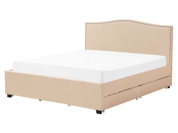 Dobbeltseng Beige Polyester 160 x 200 cm Polstret Sengeramme med Opbevaring Skuffer på Hjul Sengegavl Glamour Knap Mønster Soveværelse Dekor