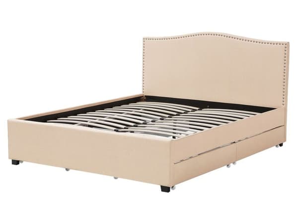 Dobbeltseng Beige Polyester 160 x 200 cm Polstret Sengeramme med Opbevaring Skuffer på Hjul Sengegavl Glamour Knap Mønster Soveværelse Dekor