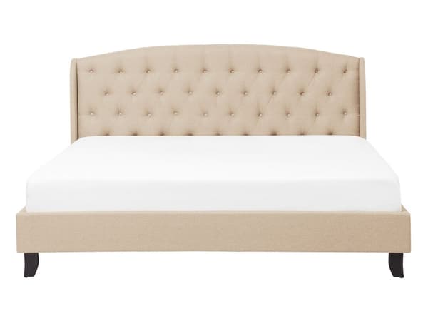 Seng Beige Polstret Polyester med Sorte Ben 140 x 200 cm 1 5 Mands Seng Sengeramme med Knap Tuftet Quiltet Sengegavl Soveværelse Indretning