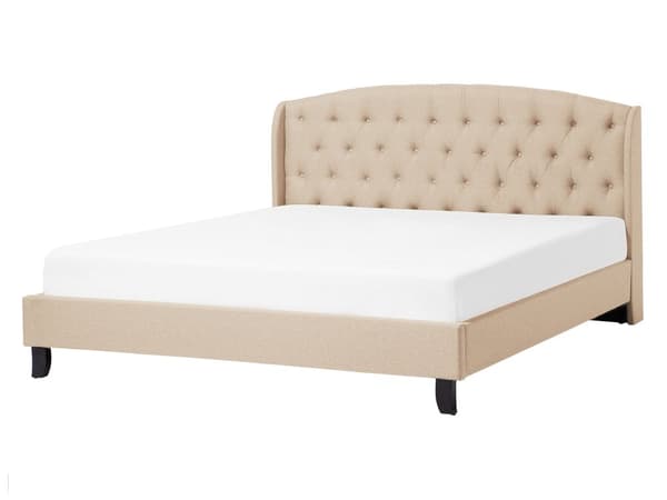 Seng Beige Polstret Polyester med Sorte Ben 140 x 200 cm 1 5 Mands Seng Sengeramme med Knap Tuftet Quiltet Sengegavl Soveværelse Indretning