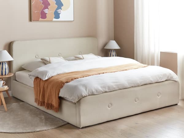 Seng Lyst Træ Beige Polyester 180 x 200 cm Dobbeltseng med Opbevaring Kvalitets Sengegavl Knappet Moderne Minimalistisk Sengestel