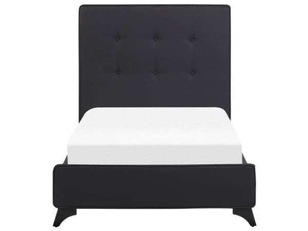 En sort polstret seng 90 x 200 cm med en ramme og en sengegavl med dekorative knapper