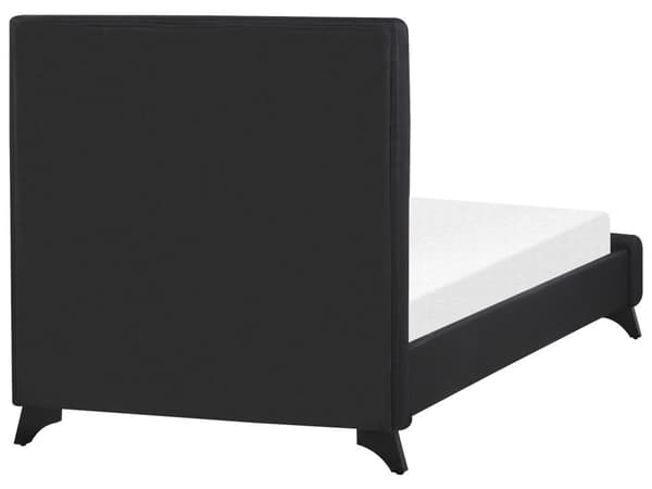 En sort polstret seng 90 x 200 cm med en ramme og en sengegavl med dekorative knapper