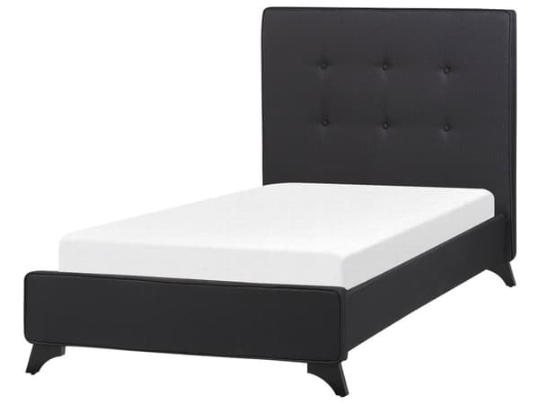 En sort polstret seng 90 x 200 cm med en ramme og en sengegavl med dekorative knapper
