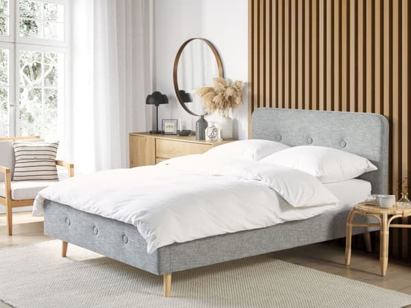 Seng Lyst Træben Beige Polyester Stof 180 x 200 cm Trekvart Seng Halvanden Mands Sengegavl Knappet Moderne Minimalistisk Sengestel