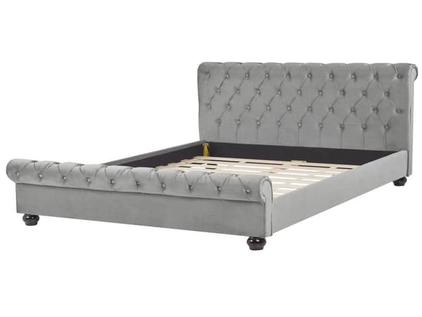 Sengeramme Grå Velour Polstring Sorte Træben 180 x 200 cm Knappet Glamourøs Stil