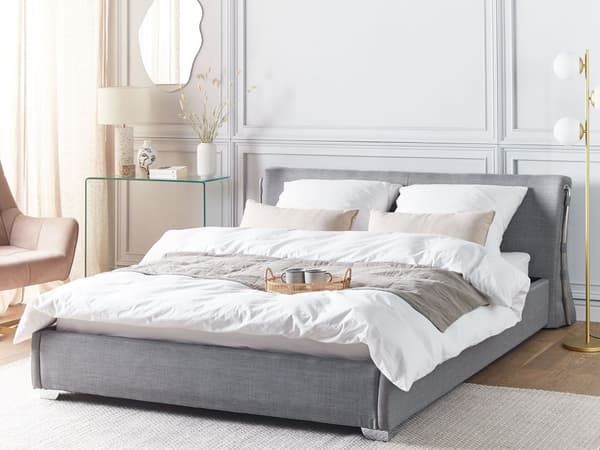 Dobbeltseng Grå Stof 160 x 200 cm Tyk Polstret To Mands Seng Lav Sengeramme med Høj Sengegavl Moderne Luksus Design Soveværelse Tilbehør