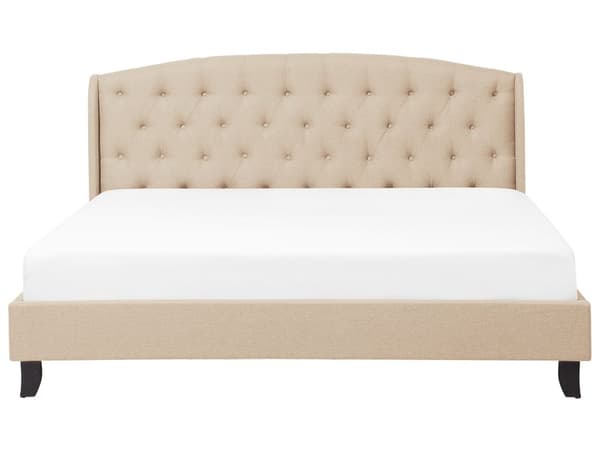 Seng Beige Polstret Polyester med Sorte Ben 160 x 200 cm 2 Personers Sengeramme med Knap Tuftet Quiltet Sengegavl Soveværelse Indretning