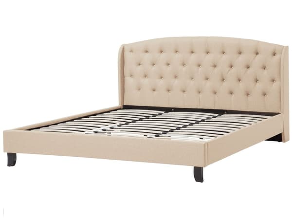 Seng Beige Polstret Polyester med Sorte Ben 160 x 200 cm 2 Personers Sengeramme med Knap Tuftet Quiltet Sengegavl Soveværelse Indretning