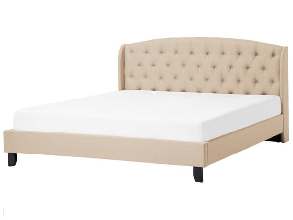 Seng Beige Polstret Polyester med Sorte Ben 160 x 200 cm 2 Personers Sengeramme med Knap Tuftet Quiltet Sengegavl Soveværelse Indretning