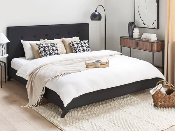 Sort Polstret Seng 180 x 200 cm med en Ramme og en Sengegavl med Dekorative Knapper