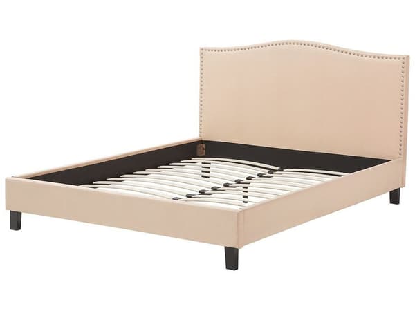 Dobbeltseng Beige Polyester 180 x 200 cm Polstret Sengeramme med Kamelryg Sengegavl i Glamour Sømhoved Knap Mønster Soveværelse Inspiration