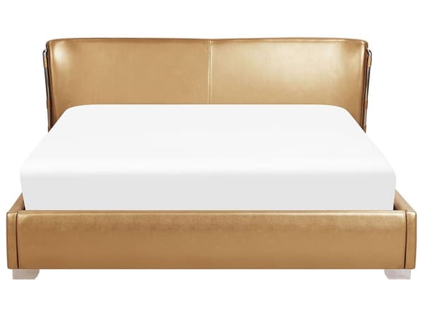 Dobbeltseng Guld Læder 180 x 200 cm Tyk Polstret To Mands Seng Lav Sengeramme med Høj Sengegavl Moderne Glamour Design Soveværelse Tilbehør