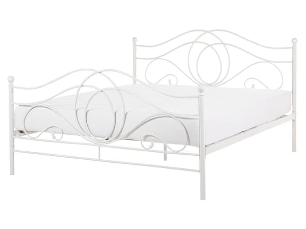 Dobbeltseng Hvid Metal 160 x 200 cm Dekorativ Metalseng med Sengeramme Retro Sengegavl Lamelbund Soveværelse Inspiration Minimalistisk