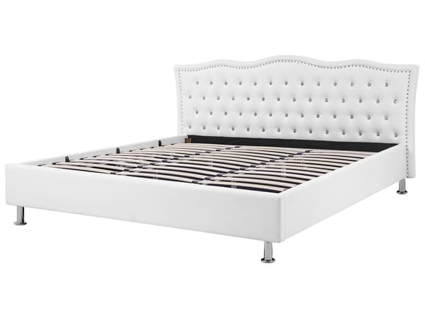 Hvid Øko-læderseng 180 x 200 cm med Opbevaring Dekorativ Sengegavl med Krystaller og Nitter