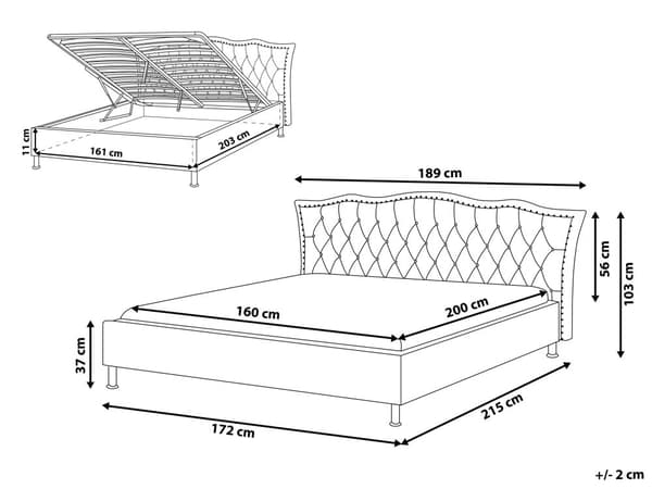 Grå Øko-læderseng 160 x 200 cm med Opbevaring Dekorativ Sengegavl med Krystaller og Nitter