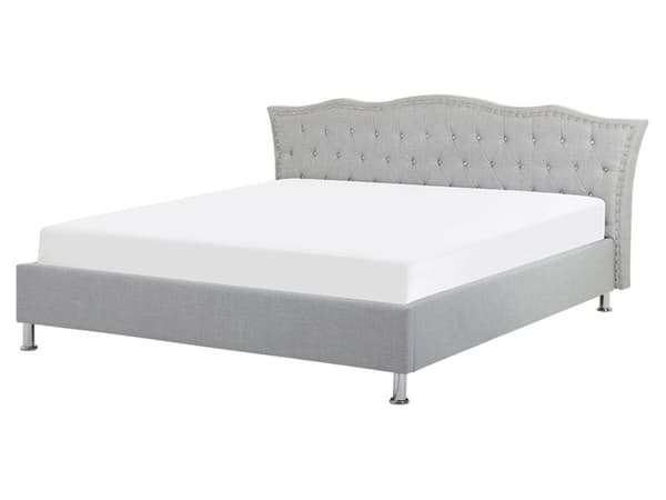 Grå Øko-læderseng 160 x 200 cm med Opbevaring Dekorativ Sengegavl med Krystaller og Nitter