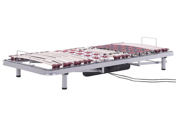 Sengeramme Grå Stål Birketræ 90 x 200 cm Elektrisk Justerbar Lamelbund Hoved og Fodende Stabile Lameller Soveværelse Senge Tilbehør