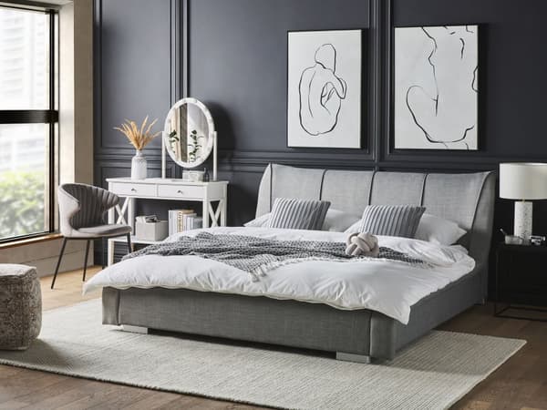Dobbeltseng Grå Polyester Stof 160 x 200 cm Dekorativ Lav Sengeramme Moderne Høj Sengegavl Nakkestøtte Soveværelse Indretning Inspiration