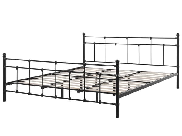 En sort metal dobbeltseng 10 x 200 cm med ramme og retro sengegavl