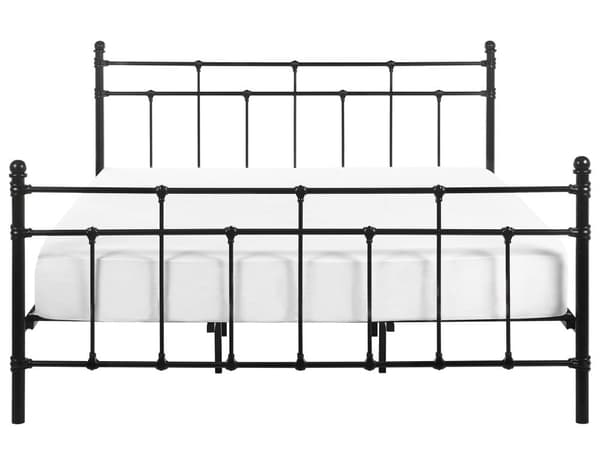 En sort metal dobbeltseng 10 x 200 cm med ramme og retro sengegavl