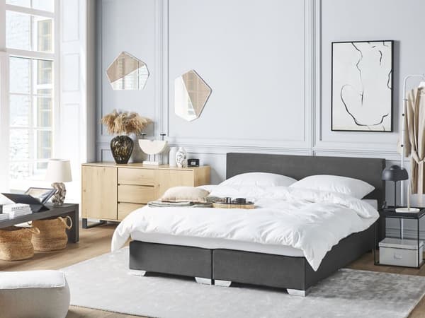 Kontinentalseng Mørkegrå Sølv Polyester Metalben 160 x 200 Dobbeltseng Boxmadras med Sengeramme og Hovedgærde Moderne Komfortabel Kvalitetseng