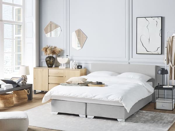 Kontinentalseng Lysegrå Sølv Polyester Metalben 160 x 200 Dobbeltseng Boxmadras med Sengeramme og Hovedgærde Moderne Komfortabel Kvalitetseng
